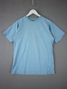 Nike 1990s Vintage Light Baby Blue Embroidered Swoosh Logo Tee Stained (as-is) S